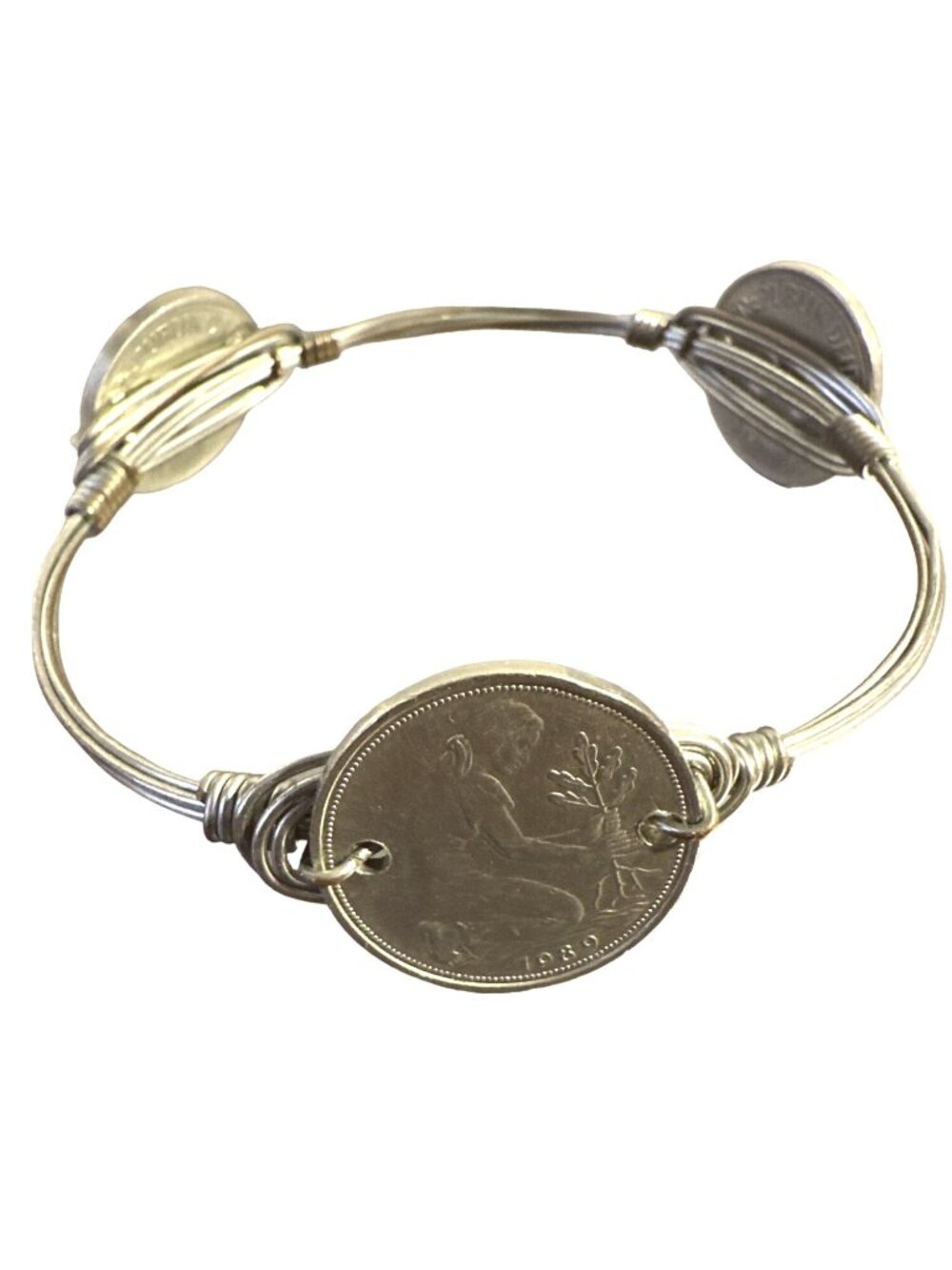 Vintage German Coin Wire Wrapped Bangle Bracelet Silver Tone